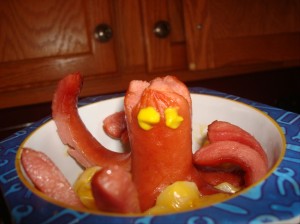 Octupus Hot Dog on Macaroni
